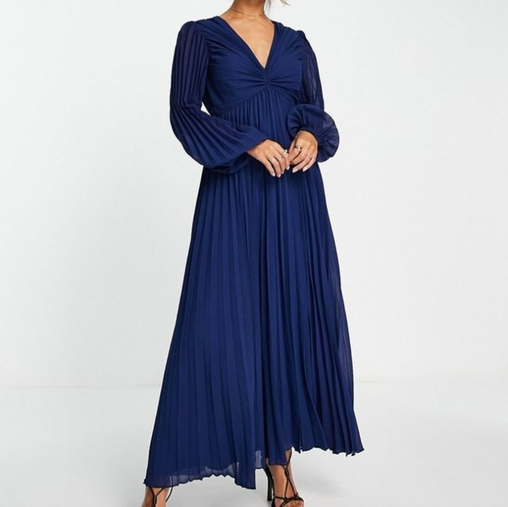 NEW Asos Design Pleated Bodice Plunge Neckline Midi Dress Navy Blue Formal 8